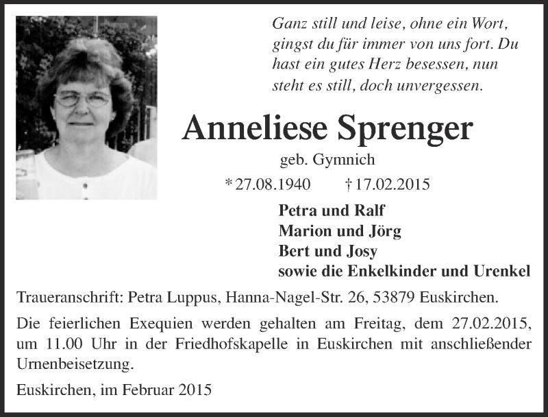 Traueranzeige für Anneliese Sprenger vom 22.02.2015 aus  Blickpunkt Euskirchen 