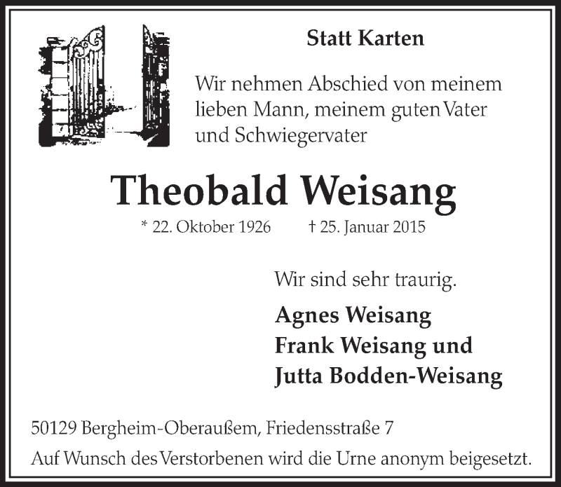 Traueranzeige für Theobald Weisang vom 31.01.2015 aus  Sonntags-Post 