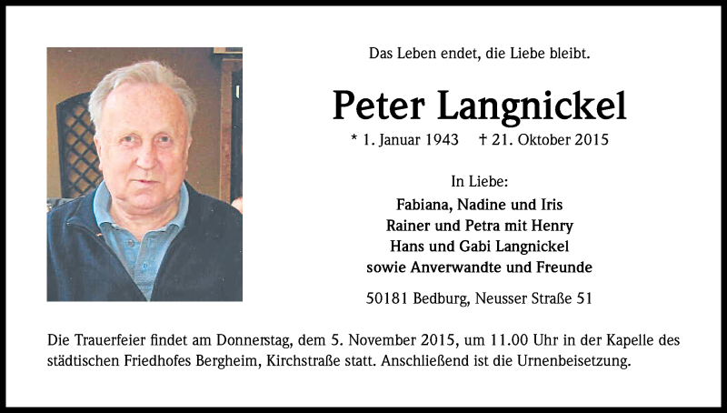  Traueranzeige für Peter Langnickel vom 31.10.2015 aus Kölner Stadt-Anzeiger / Kölnische Rundschau / Express