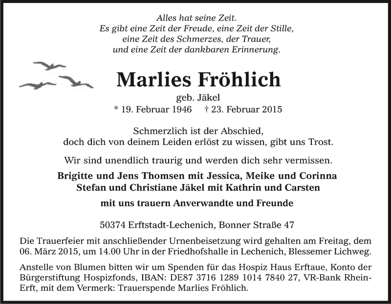 Traueranzeige für Marlies Fröhlich vom 28.02.2015 aus Kölner Stadt-Anzeiger / Kölnische Rundschau / Express