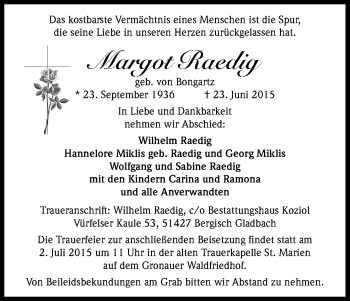 Anzeige von Margot Raedig von Kölner Stadt-Anzeiger / Kölnische Rundschau / Express