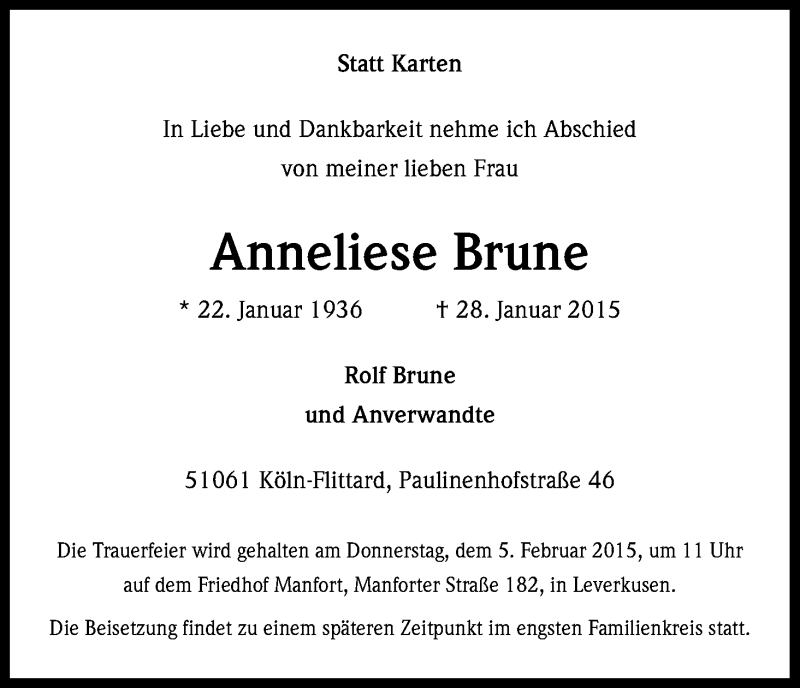  Traueranzeige für Anneliese Brune vom 02.02.2015 aus Kölner Stadt-Anzeiger / Kölnische Rundschau / Express