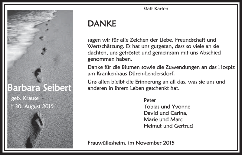  Traueranzeige für Barbara Seibert vom 14.11.2015 aus  Sonntags-Post 