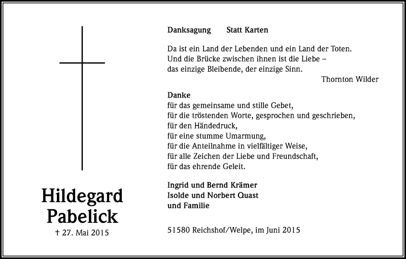  Traueranzeige für Hildegard Pabelick vom 20.06.2015 aus Kölner Stadt-Anzeiger / Kölnische Rundschau / Express