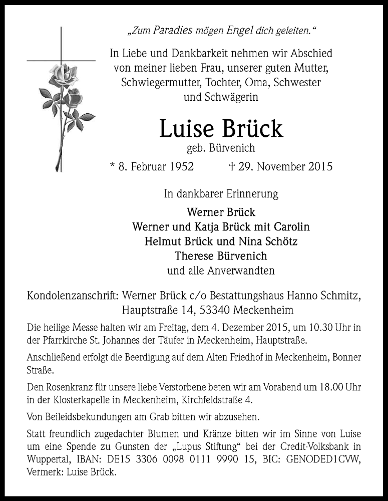  Traueranzeige für Luise Brück vom 02.12.2015 aus Kölner Stadt-Anzeiger / Kölnische Rundschau / Express