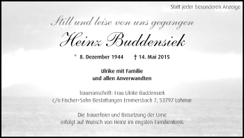 Anzeige von Heinz Buddensiek von Kölner Stadt-Anzeiger / Kölnische Rundschau / Express