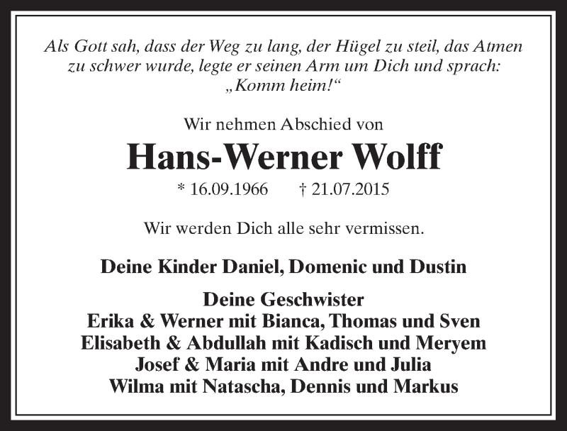  Traueranzeige für Hans-Werner Wolff vom 01.08.2015 aus  Sonntags-Post 