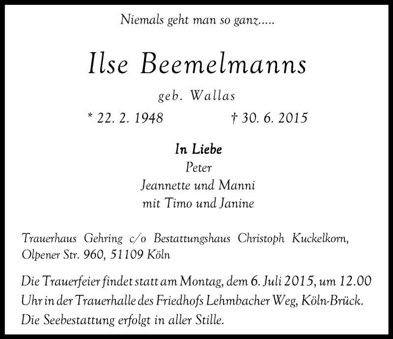  Traueranzeige für Ilse Beemelmanns vom 03.07.2015 aus Kölner Stadt-Anzeiger / Kölnische Rundschau / Express