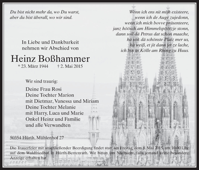  Traueranzeige für Heinz Boßhammer vom 06.05.2015 aus  Wochenende 