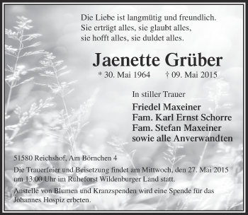 Anzeige von Jaenette Grüber von  Anzeigen Echo  Lokalanzeiger 