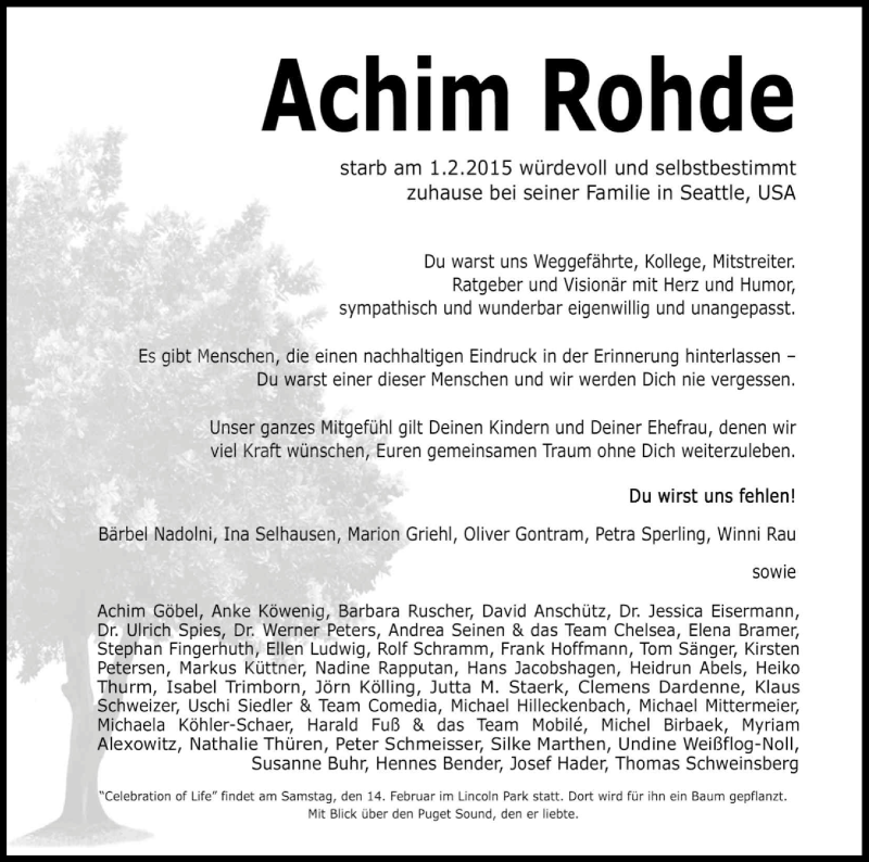  Traueranzeige für Achim Rohde vom 14.02.2015 aus Kölner Stadt-Anzeiger / Kölnische Rundschau / Express