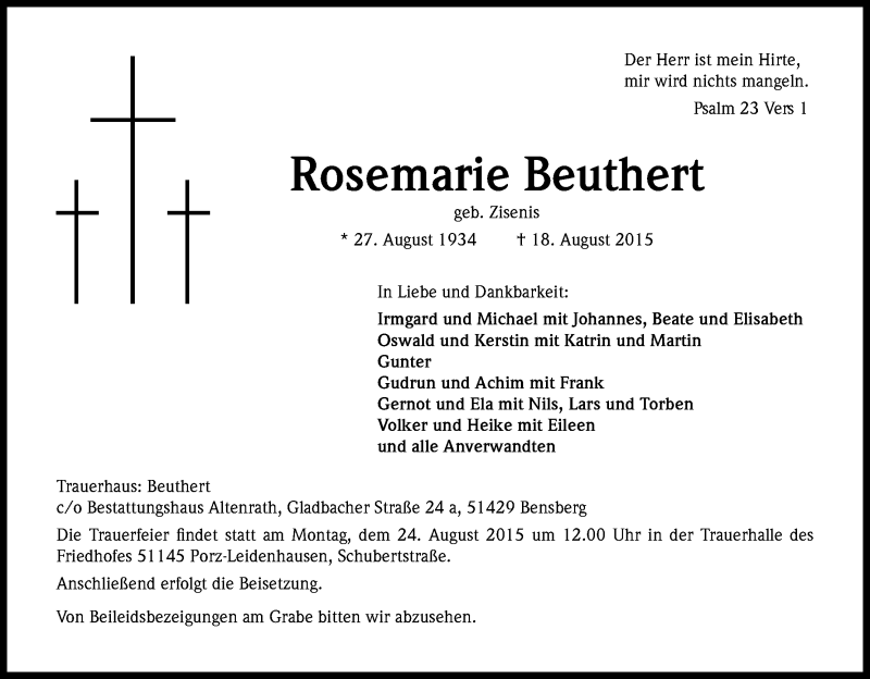  Traueranzeige für Rosemarie Beuthert vom 21.08.2015 aus Kölner Stadt-Anzeiger / Kölnische Rundschau / Express