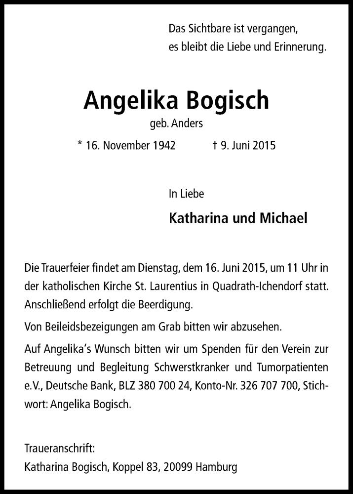  Traueranzeige für Angelika Bogisch vom 15.06.2015 aus Kölner Stadt-Anzeiger / Kölnische Rundschau / Express