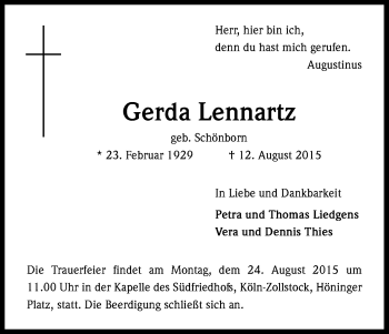 Anzeige von Gerda Lennartz von Kölner Stadt-Anzeiger / Kölnische Rundschau / Express