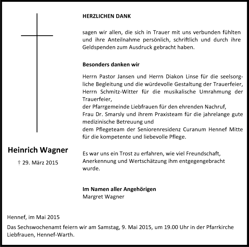  Traueranzeige für Heinrich Wagner vom 02.05.2015 aus Kölner Stadt-Anzeiger / Kölnische Rundschau / Express