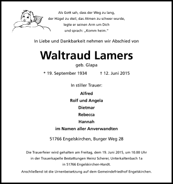Anzeige von Waltraud Lamers von Kölner Stadt-Anzeiger / Kölnische Rundschau / Express