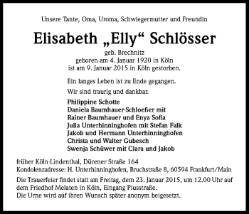 Anzeige von Elisabeth Schlösser von Kölner Stadt-Anzeiger / Kölnische Rundschau / Express