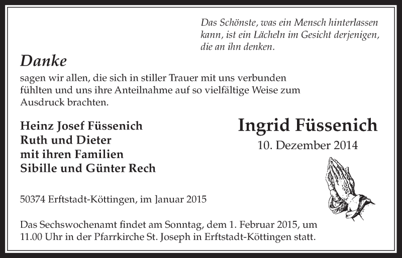  Traueranzeige für Ingrid Füssenich vom 28.01.2015 aus  Werbepost 