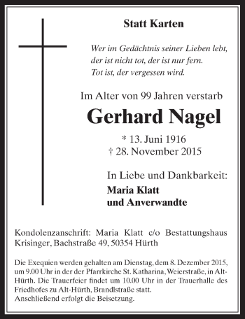 Anzeige von Gerhard Nagel von  Sonntags-Post 