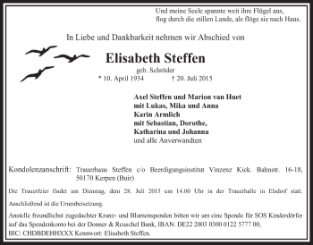 Anzeige von Elisabeth Steffen von  Sonntags-Post 