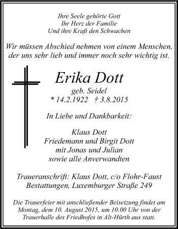 Anzeige von Erika Dott von Kölner Stadt-Anzeiger / Kölnische Rundschau / Express
