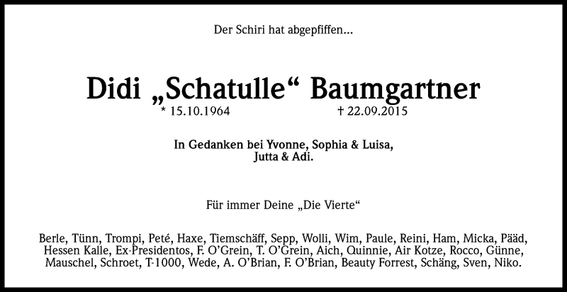  Traueranzeige für Didi Baumgartner vom 26.09.2015 aus Kölner Stadt-Anzeiger / Kölnische Rundschau / Express