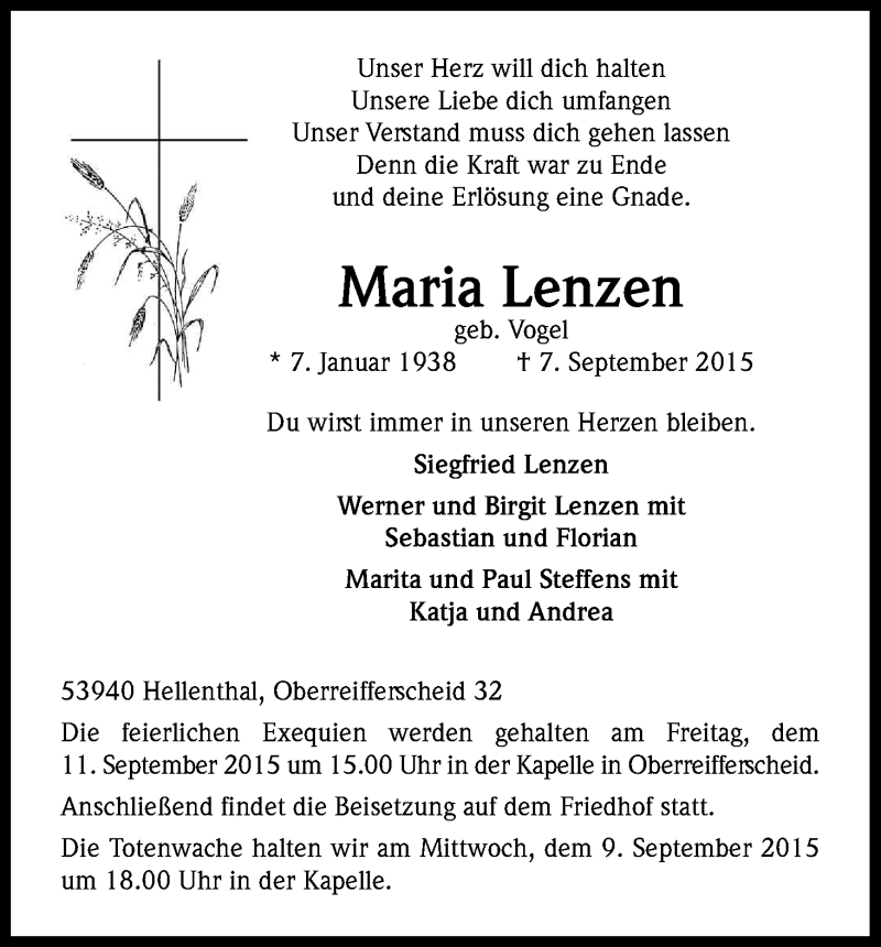  Traueranzeige für Maria Lenzen vom 09.09.2015 aus Kölner Stadt-Anzeiger / Kölnische Rundschau / Express