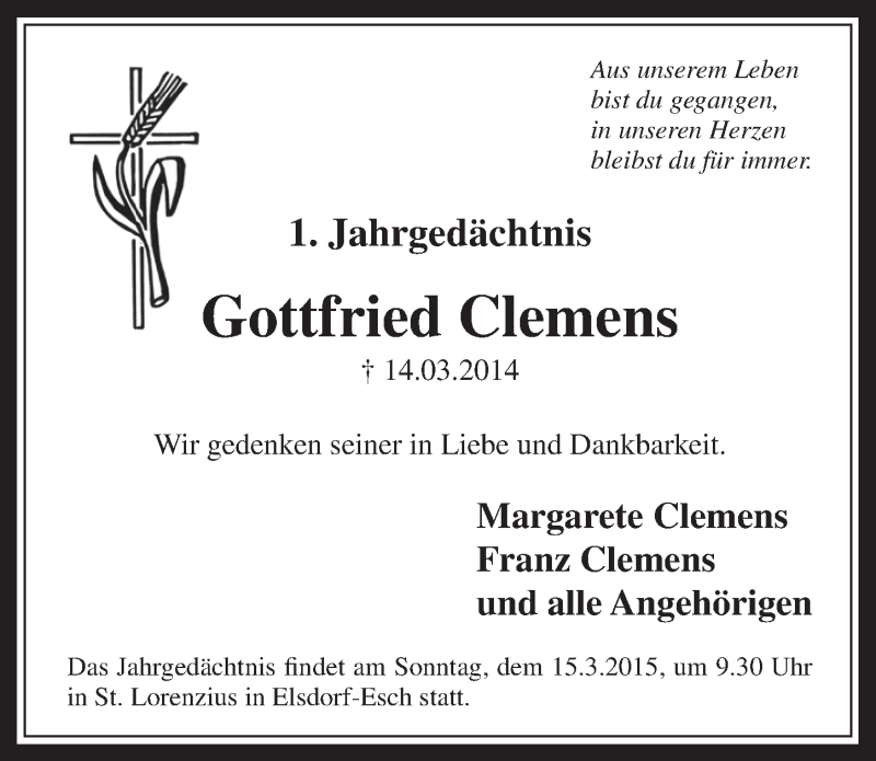  Traueranzeige für Gottfried Clemens vom 04.03.2015 aus  Werbepost 