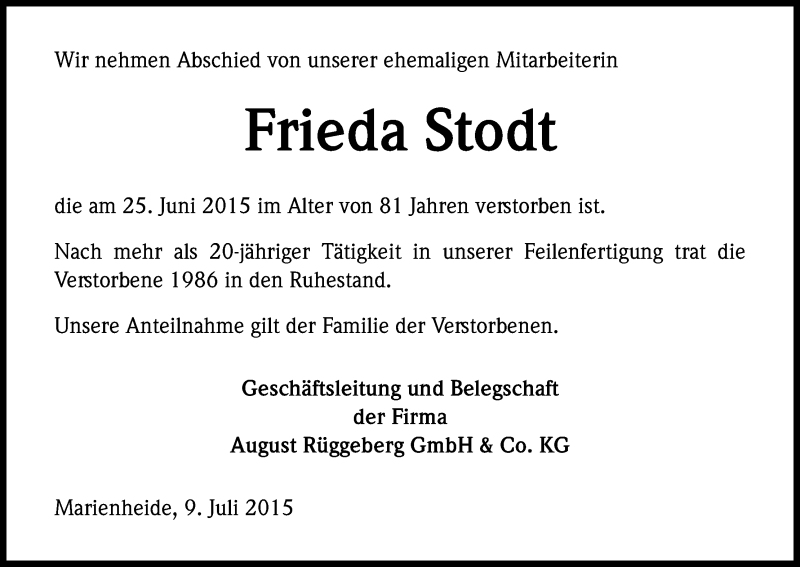  Traueranzeige für Frieda Stodt vom 10.07.2015 aus Kölner Stadt-Anzeiger / Kölnische Rundschau / Express