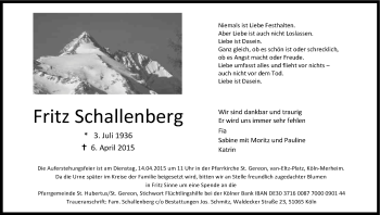 Anzeige von Fritz Schallenberg von Kölner Stadt-Anzeiger / Kölnische Rundschau / Express