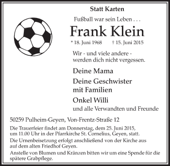 Anzeige von Frank Klein von  Sonntags-Post 