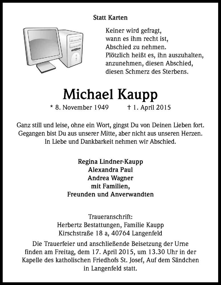  Traueranzeige für Michael Kaupp vom 11.04.2015 aus Kölner Stadt-Anzeiger / Kölnische Rundschau / Express