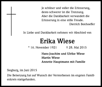 Anzeige von Erika Wiese von Kölner Stadt-Anzeiger / Kölnische Rundschau / Express