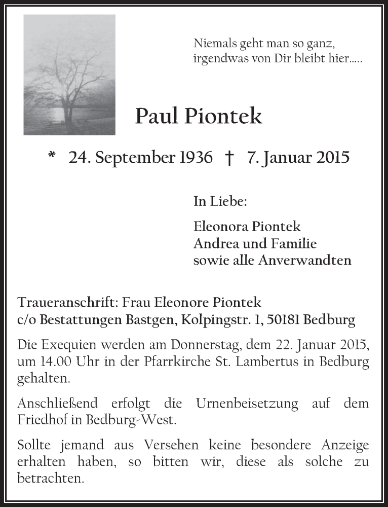  Traueranzeige für Paul Piontek vom 21.01.2015 aus  Werbepost 
