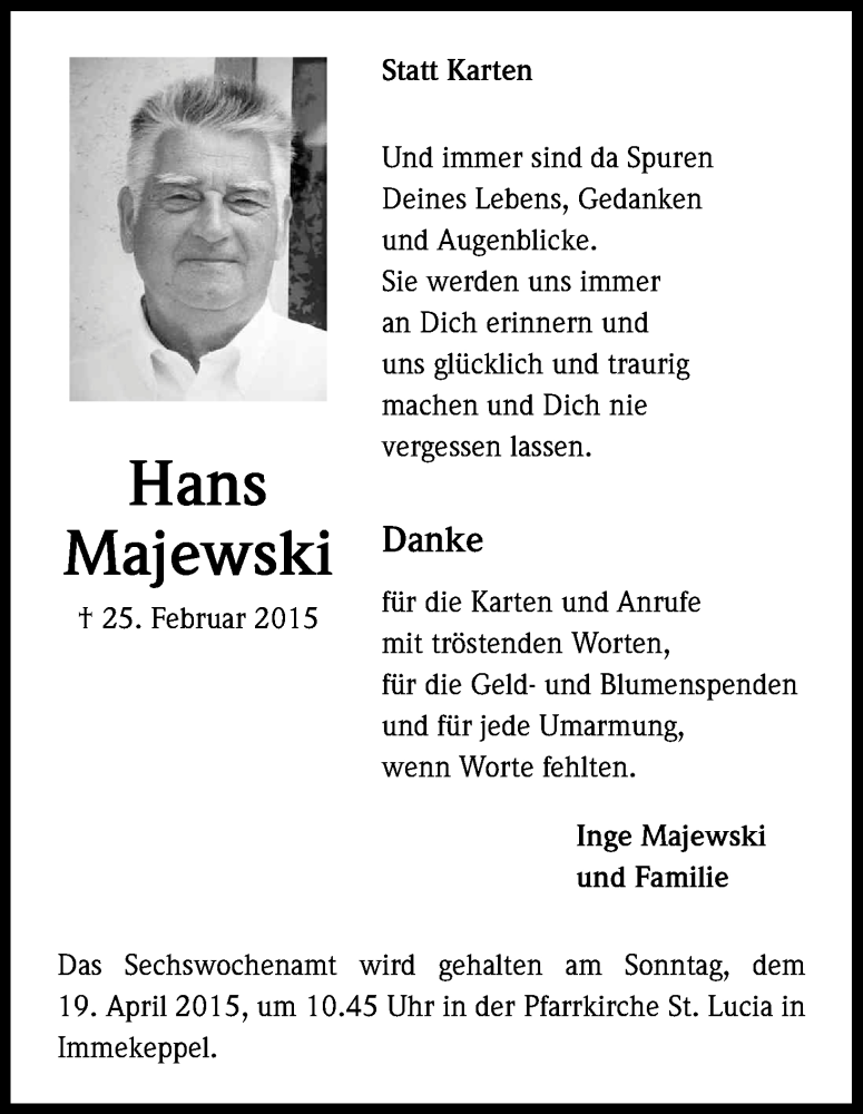  Traueranzeige für Hans Majewski vom 10.04.2015 aus Kölner Stadt-Anzeiger / Kölnische Rundschau / Express