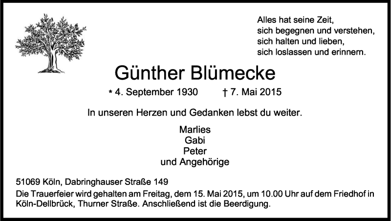  Traueranzeige für Günther Blümecke vom 13.05.2015 aus Kölner Stadt-Anzeiger / Kölnische Rundschau / Express