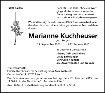Anzeige von Marianne Kuchheuser von Kölner Stadt-Anzeiger / Kölnische Rundschau / Express