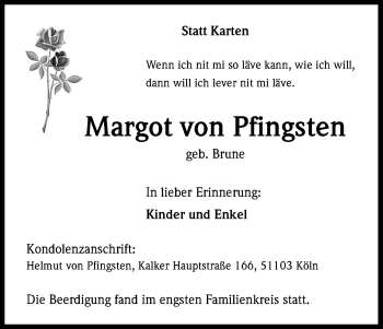 Anzeige von Margot von Pfingsten von Kölner Stadt-Anzeiger / Kölnische Rundschau / Express