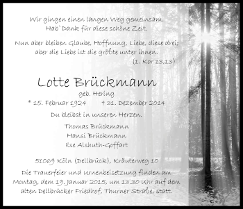 Anzeige von Lotte Brückmann von Kölner Stadt-Anzeiger / Kölnische Rundschau / Express