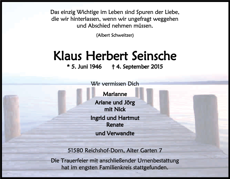  Traueranzeige für Klaus Herbert Seinsche vom 12.09.2015 aus Kölner Stadt-Anzeiger / Kölnische Rundschau / Express
