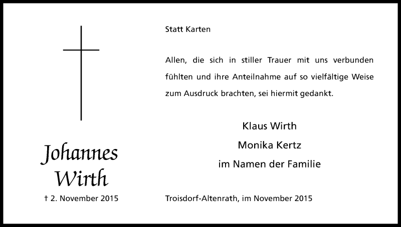  Traueranzeige für Johannes Wirth vom 28.11.2015 aus Kölner Stadt-Anzeiger / Kölnische Rundschau / Express