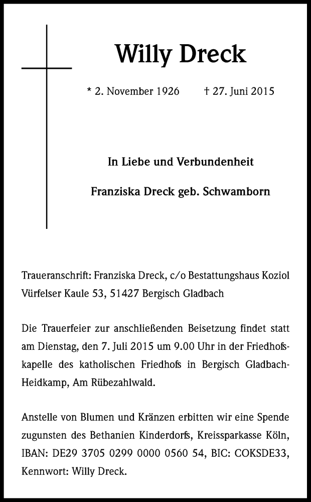  Traueranzeige für Willy Dreck vom 04.07.2015 aus Kölner Stadt-Anzeiger / Kölnische Rundschau / Express