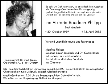 Anzeige von Ina Viktoria Baudach-Philipp von Kölner Stadt-Anzeiger / Kölnische Rundschau / Express