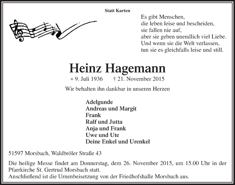  Traueranzeige für Heinz Hagemann vom 25.11.2015 aus  Lokalanzeiger 