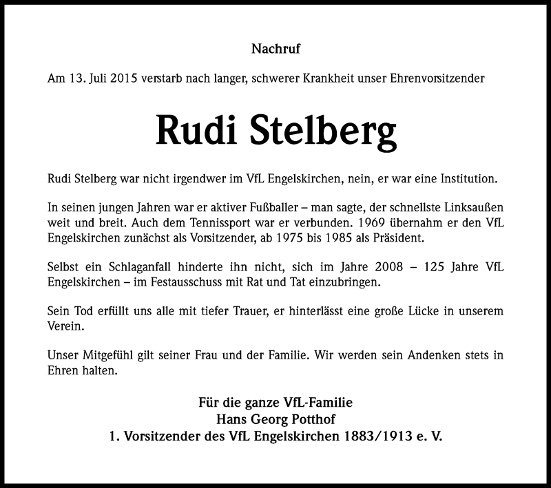  Traueranzeige für Rudi Stelberg vom 18.07.2015 aus Kölner Stadt-Anzeiger / Kölnische Rundschau / Express