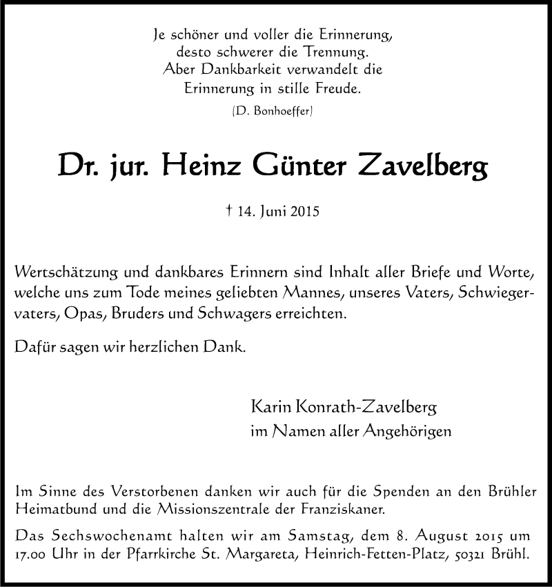  Traueranzeige für Heinz Günter Zavelberg vom 25.07.2015 aus Kölner Stadt-Anzeiger / Kölnische Rundschau / Express