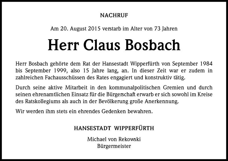  Traueranzeige für Claus Bosbach vom 01.09.2015 aus Kölner Stadt-Anzeiger / Kölnische Rundschau / Express