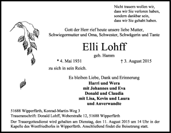Anzeige von Elli Lohff von Kölner Stadt-Anzeiger / Kölnische Rundschau / Express