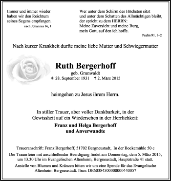 Anzeige von Ruth Bergerhoff von Kölner Stadt-Anzeiger / Kölnische Rundschau / Express