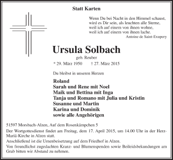 Anzeige von Ursula Solbach von  Lokalanzeiger 